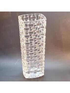 Nachtmann Bossa Nova, Square Crystal Vase, 11" Tall Basketweave Pattern, Germany
